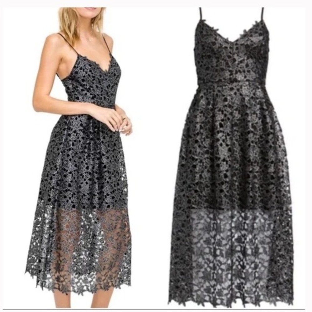 ASTR The Label Lace Midi Dress Womens Size Medium Black Silver Metallic